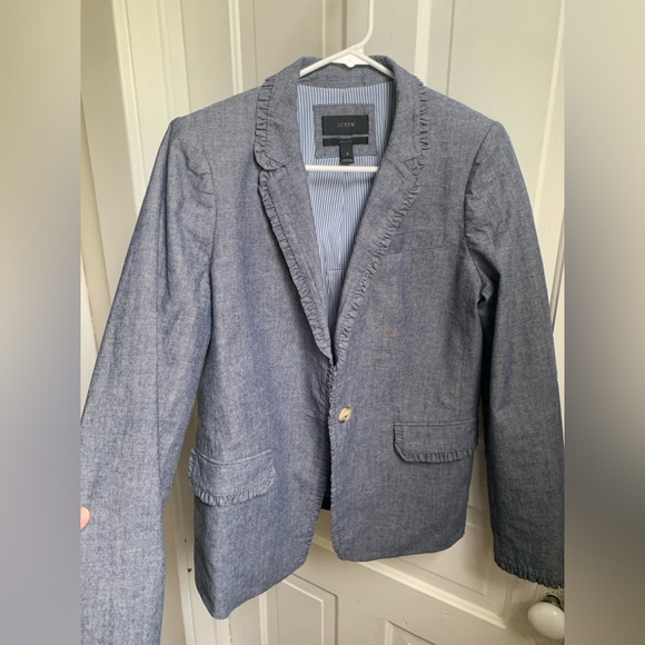 J Crew Regent Blazer Chambray Ruffle Size 8 Blue - Picture 3 of 9